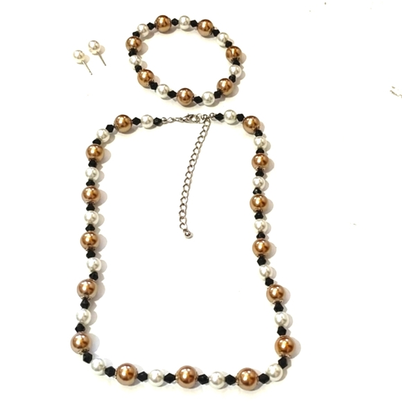 VINTAGE FAUX PEARL GOLD BLACK BEADED 17-21"NECKLACE STRETCH BRACELET EARRING SET - Picture 8 of 11